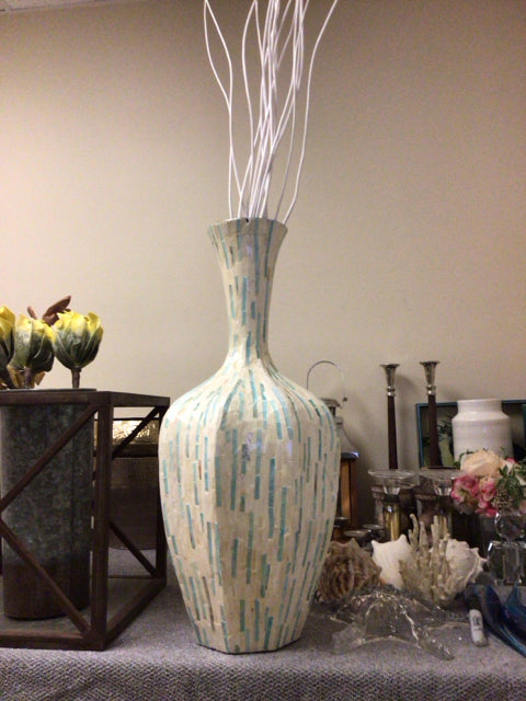 AS-IS Blue Mosaic Vase W/White Sticks