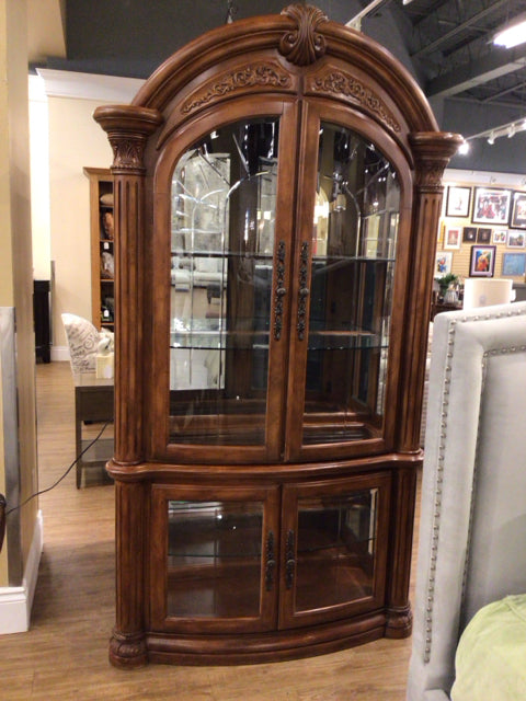 AS-IS Dark Wood Two Pc Glass Front China Cabinet(Cracks Around Top Trim)