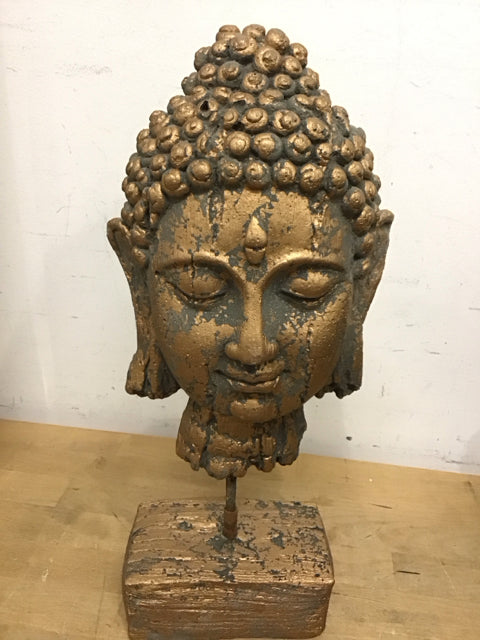 15" Distressed Gold Buddha Head Mixed Sculptures