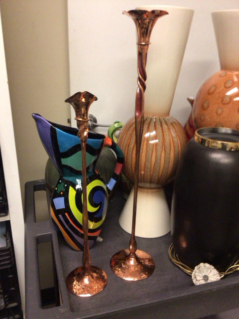 Pair Of Hessel Studios Hand Hammered Copper Candle Holders