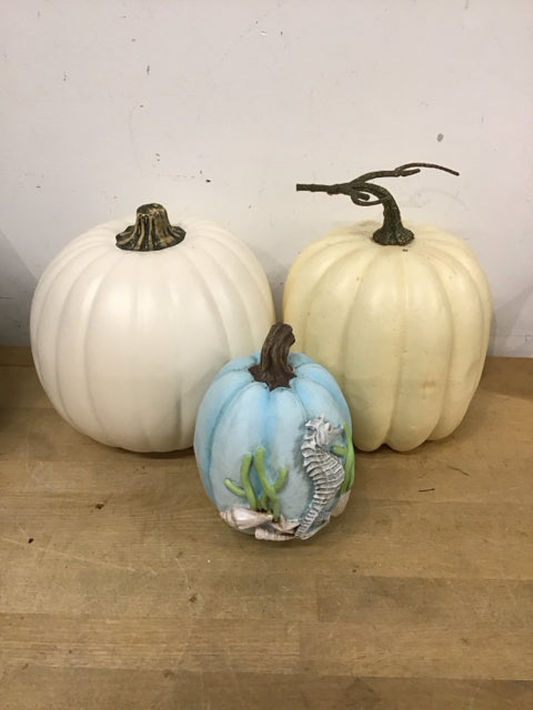 Set Of 3 Cream White & Blue Seahorse Shell Faux Pumpkins