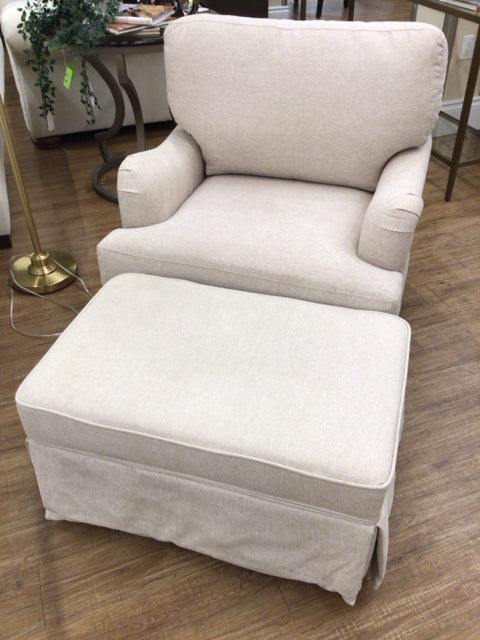 Tan Fabric Skirted Swivel Arm Chair W/Storage Ottoman