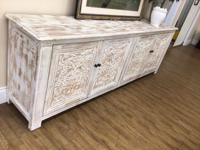 106" Beige Carved Four Door White Washed Wood Credenza