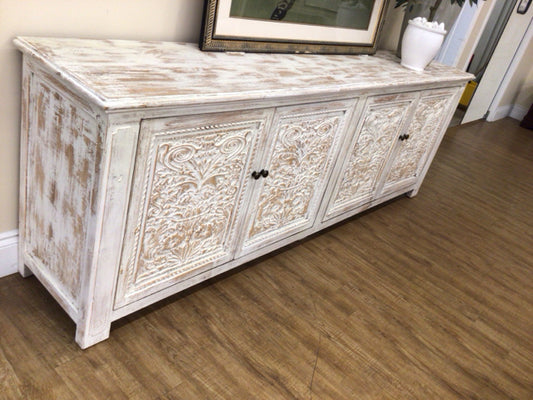 106" Beige Carved Four Door White Washed Wood Credenza