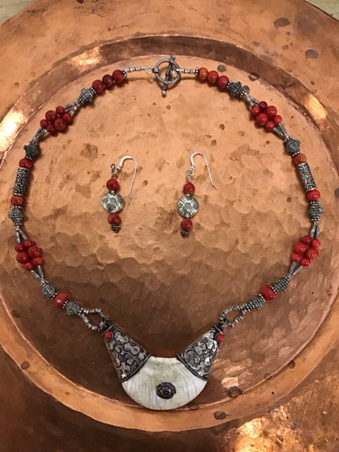 3 PC Set Red Beaded 925 Sterling Stone Necklace