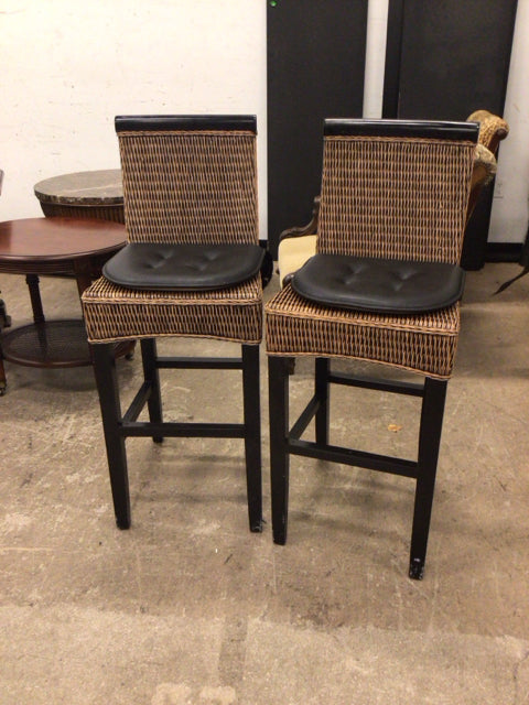 Pair Of Wicker Bar Stools W/Cushions