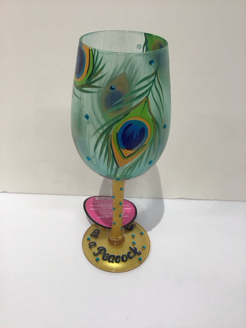 9" "Pretty as a Peacock" Hand Painted Lolita Wine Glass