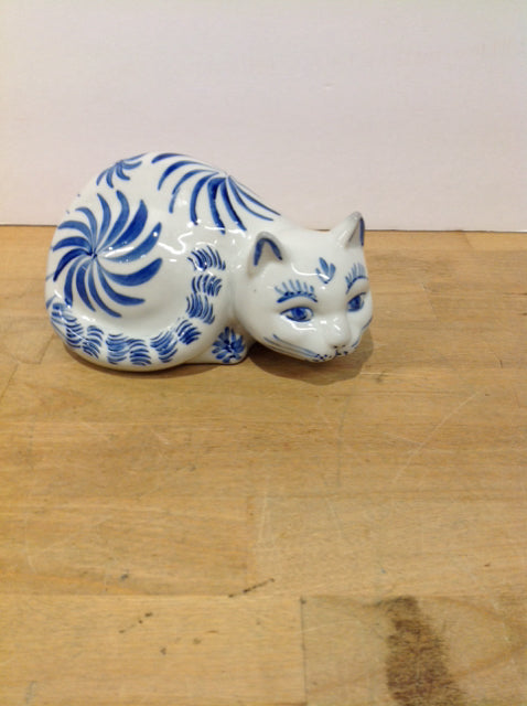 10" Blue/White Painted Ceramic Cat