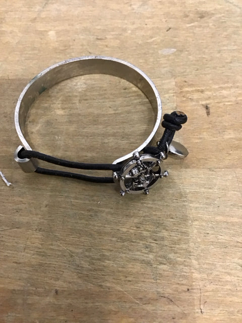 Silvertone Leather Ships Wheel Bracelet