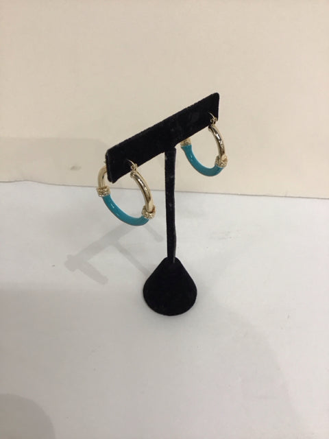 Gold/Aqua Enamel Hoop Earrings
