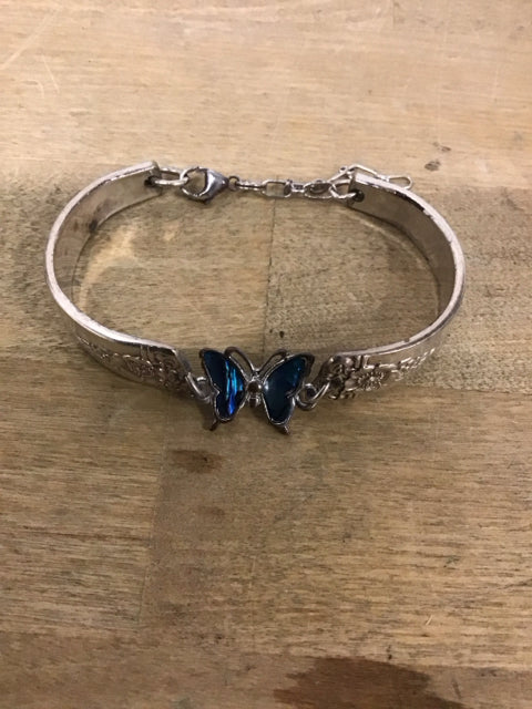 Silvertone Cuff Blue Iridescent Butterfly Bracelet
