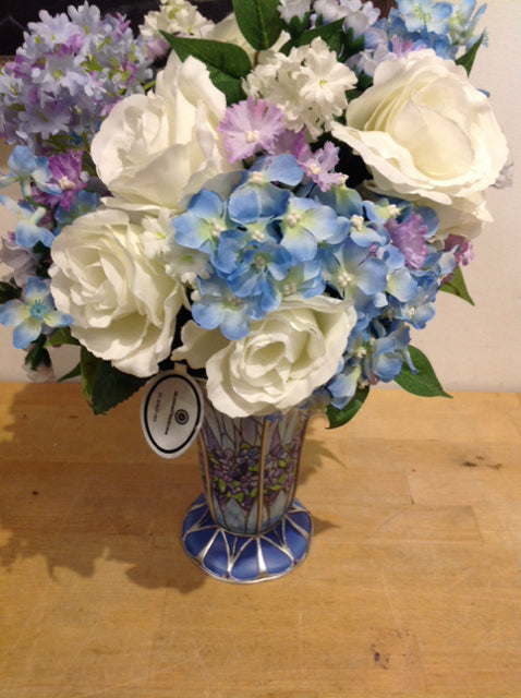 15" Blue Floral Vase W Mixed Flowers