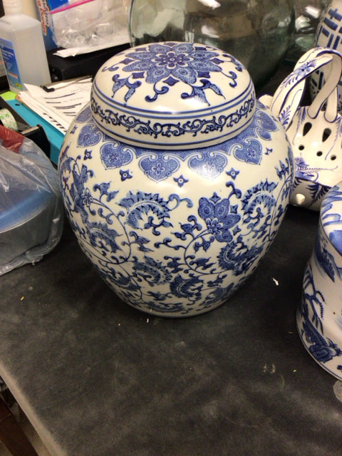 9" Blue & White Ceramic Vase W/Lid