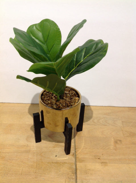 Gold Planter on Black Stand w/Faux Leaves