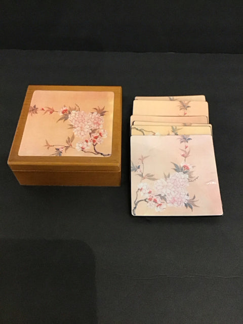 Set/6 Coasters in Wood Box Floral Decor