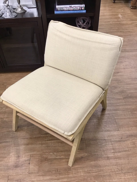 Tan Upholstered Wood Club Chair w/Rattan Back