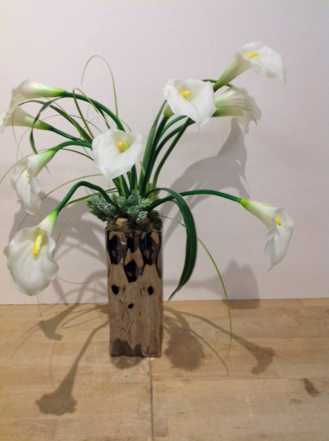 24" Faux Calla Lilies in Silver Vase