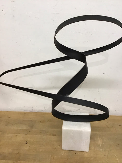 29" Black Metal Ribbon Sculpture W/Stone Base As Is