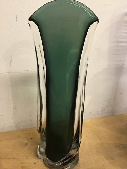 13.5" Matthew Buechner (?) Fluted Clear/Green Art Glass Vase