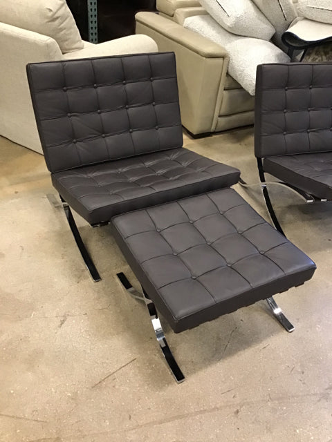 Brown Leather Barcelona Style Chair w/Ottoman