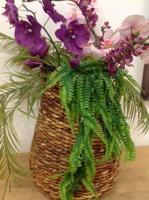 19" Rattan Vase W Purple Orchids