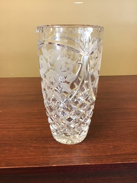 9" Cut Glass W/Frosted Florals Vase