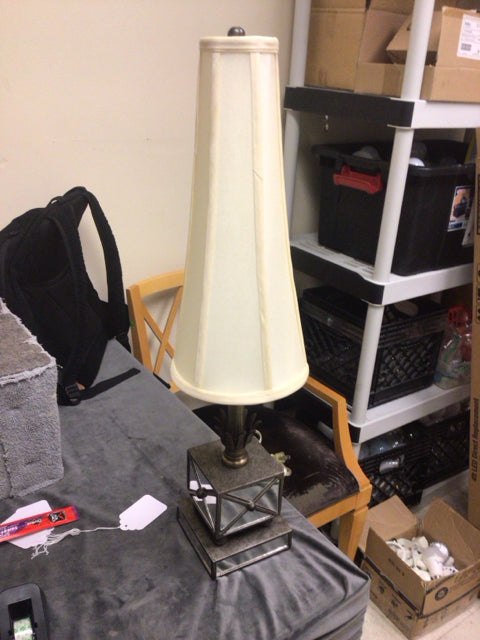 28" AS-IS Silver Mirrored Base Table Lamp W/Shade(Shade Bent)