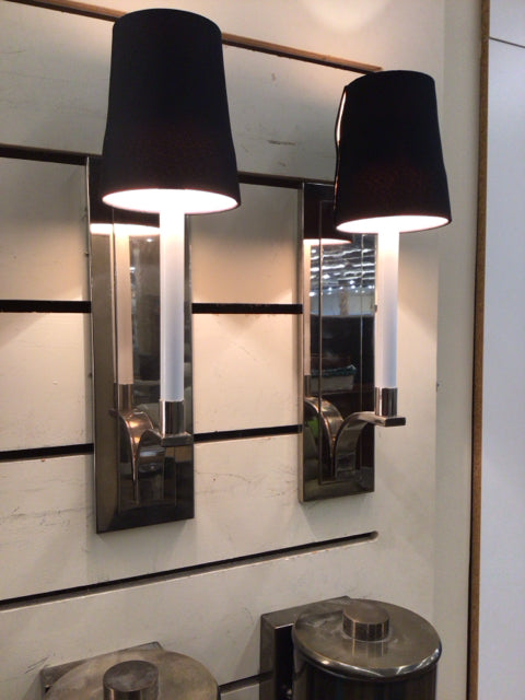 Pair Of Chrome Candle Stick Sconces W/Black Shades