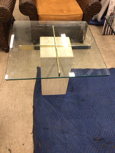 28" Square Glass Top Travertine Base End Table