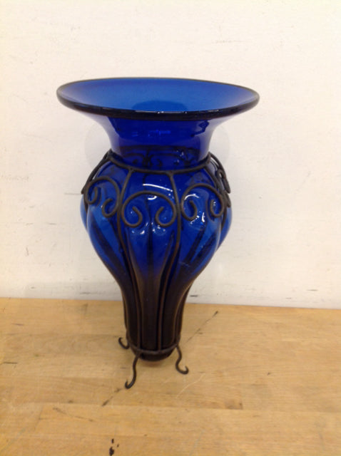 Vase- 14" Blue Glass In Metal Stand