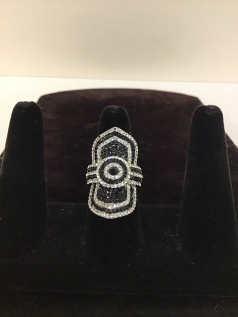 Silver Ring Black/Clear Rhinestones