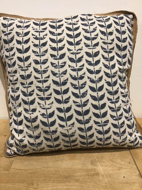 19" Sq. Burlap Blue Cream & Beige Pillow