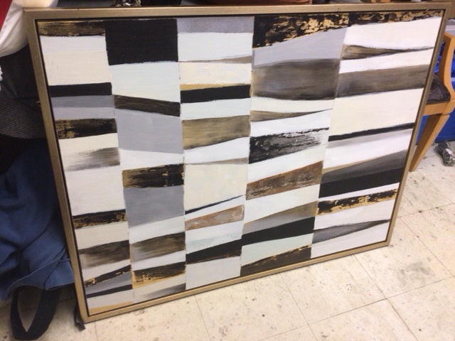 43 5/8" X 33 5/8" Framed Gold/Black/White Abstract Print On Canvas