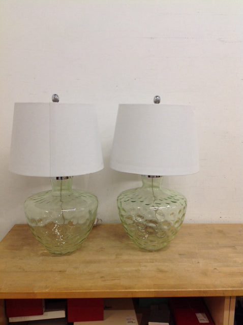 Pair 26" Green Dimpled Glass Lamps w/Shades
