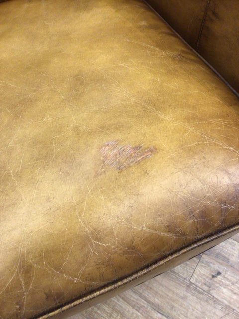 AS-IS Pottery Barn Cognac Manual Reclining Distressed Arm Chair (Cushion Damage)