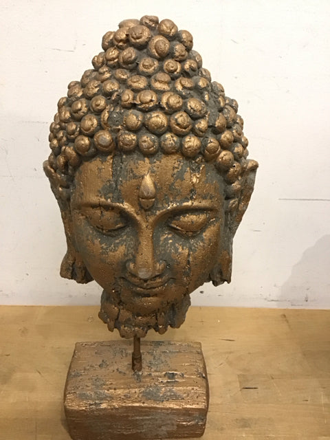 15" Distressed Gold Buddha Head Mixed Sculptures