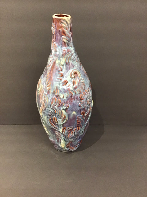 18" Pottery Vase w/ Blue Enamel Design