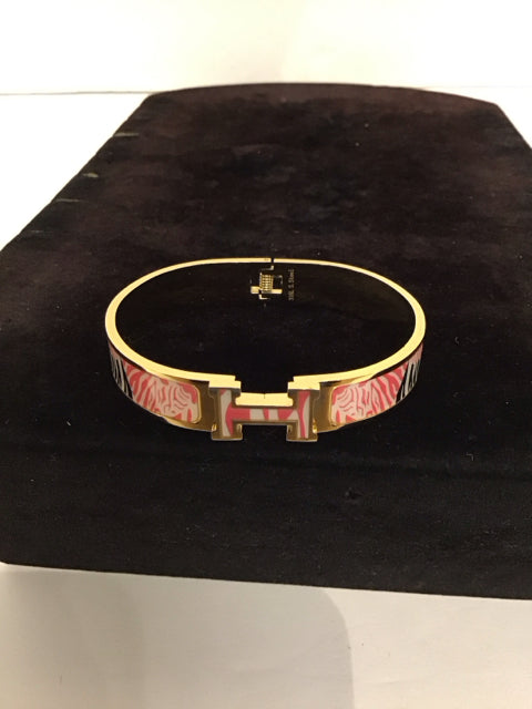 Hermes Style Gold/Pink Enamel Clic-Clac Cuff Bracelet