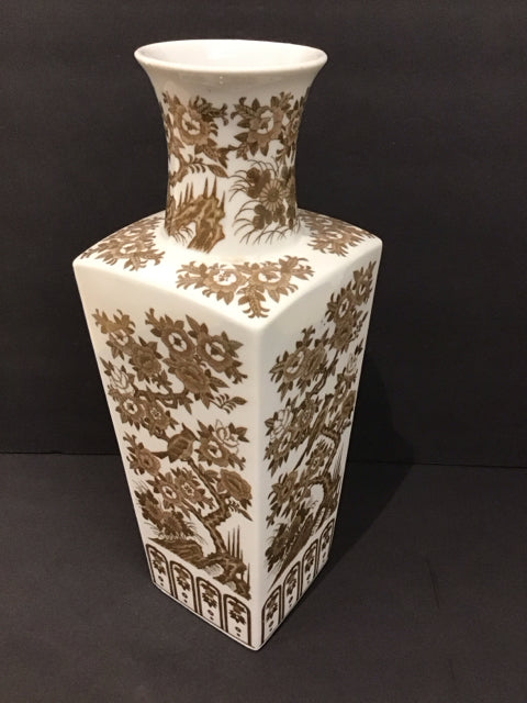 White Porcelain Vase w/Brown Floral Decor