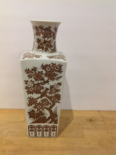 14" White Enamel Ceramic Vase w/Painted Design