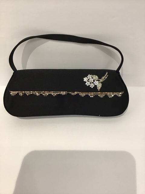 P&Y Black Silk Evening Bag w/Rhinestone Brooch