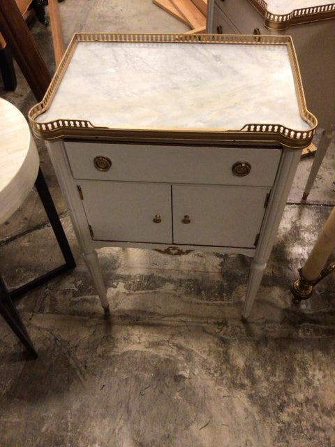 Painted White One Drawer/Two Door Marble Top Gold Rail Accent End Table