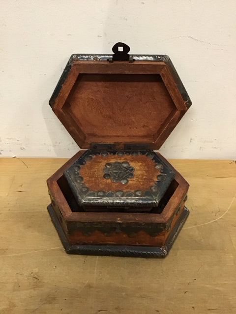Set Of 2 Wooden Nailhead Hexagon Boxes
