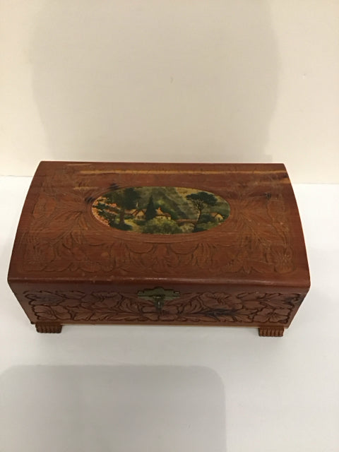 10x6 Wood Carved Box w/Painted Scene