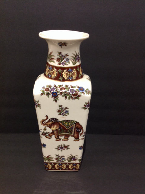 13" White Ceramic Vase w/Painted Elephants & Flowers