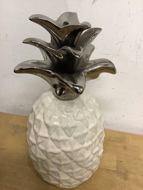 13" Silver Tone Metal & White Ceramic