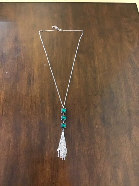 Silvertone Tassel Necklace W/Green Rhinestone