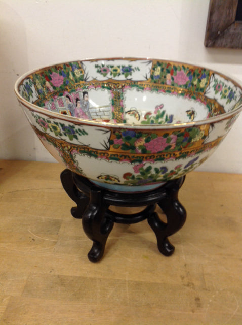 Bowl- 12" Asian Porcelian Floral On Stand