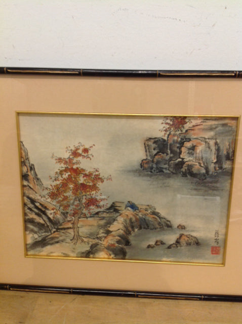 - 17" X 21" Vintage Signed Asian Watercolor