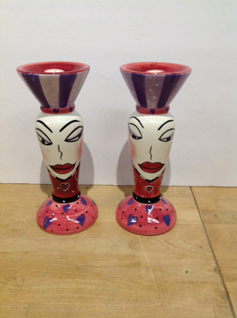 10" Pair Enamel Painted Face Candle Holders